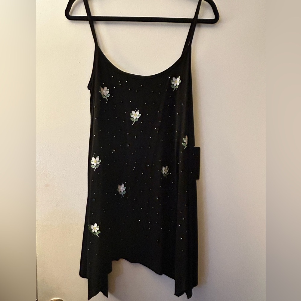 Lauren Moshi asymmetrical mini slip dress.  Daisy print with rhinestones.